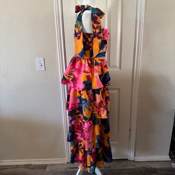 Farm Rio Tropical Floral Printed Colorful Layered Maxi Dress Size L Tie Straps - Picture 7 of 14